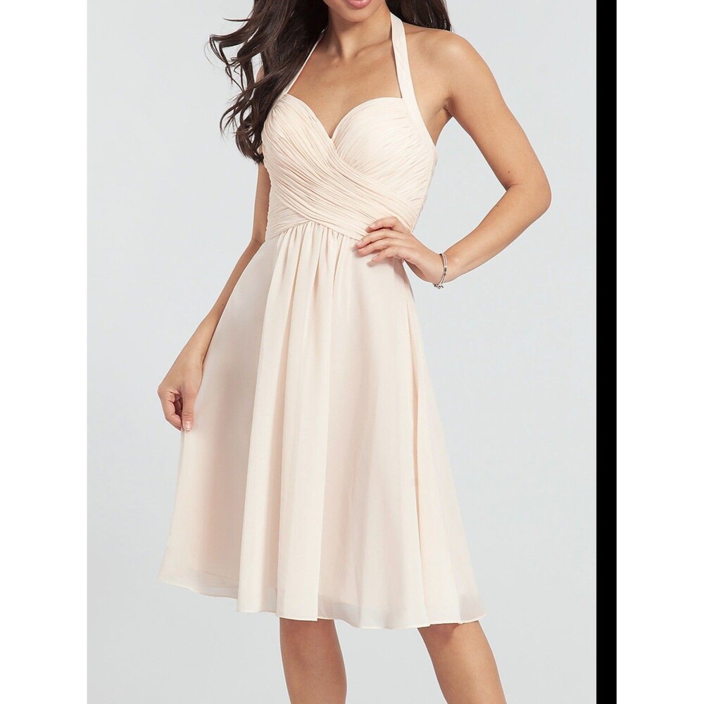 Kleinfeld Baby Pink Chiffon Halter Bridesmaid Dress Sweetheart Pleated Size 12